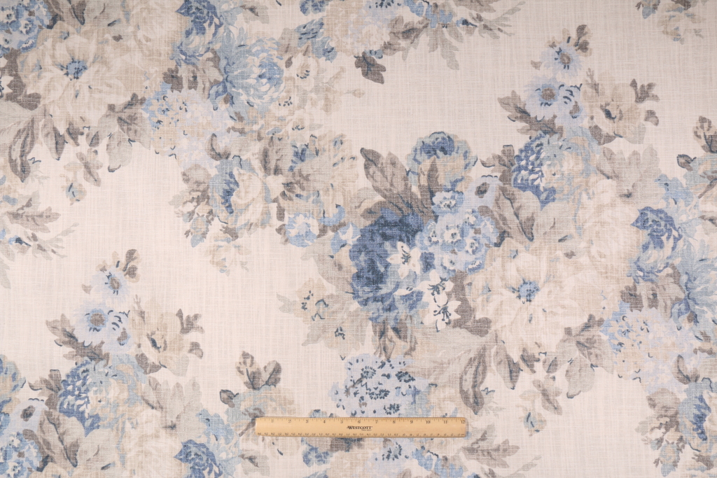 Waverly Juliet Derby Printed Slubbed Cotton Drapery Fabric in Bluebell