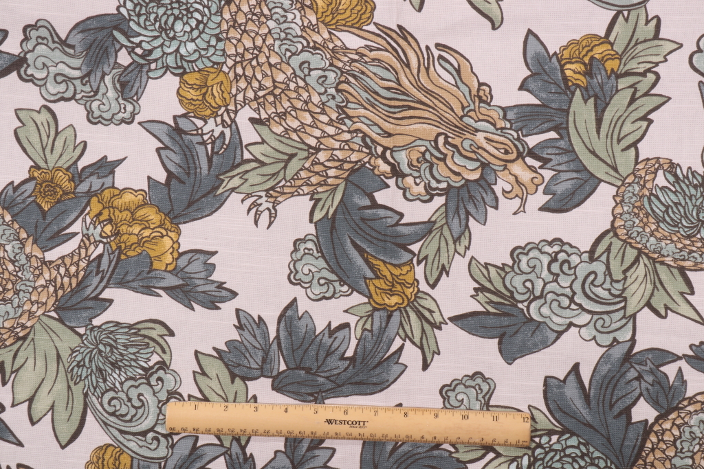 .5 Yards Robert Allen Ming Dragon Printed Cotton Drapery Fabric in Midnight