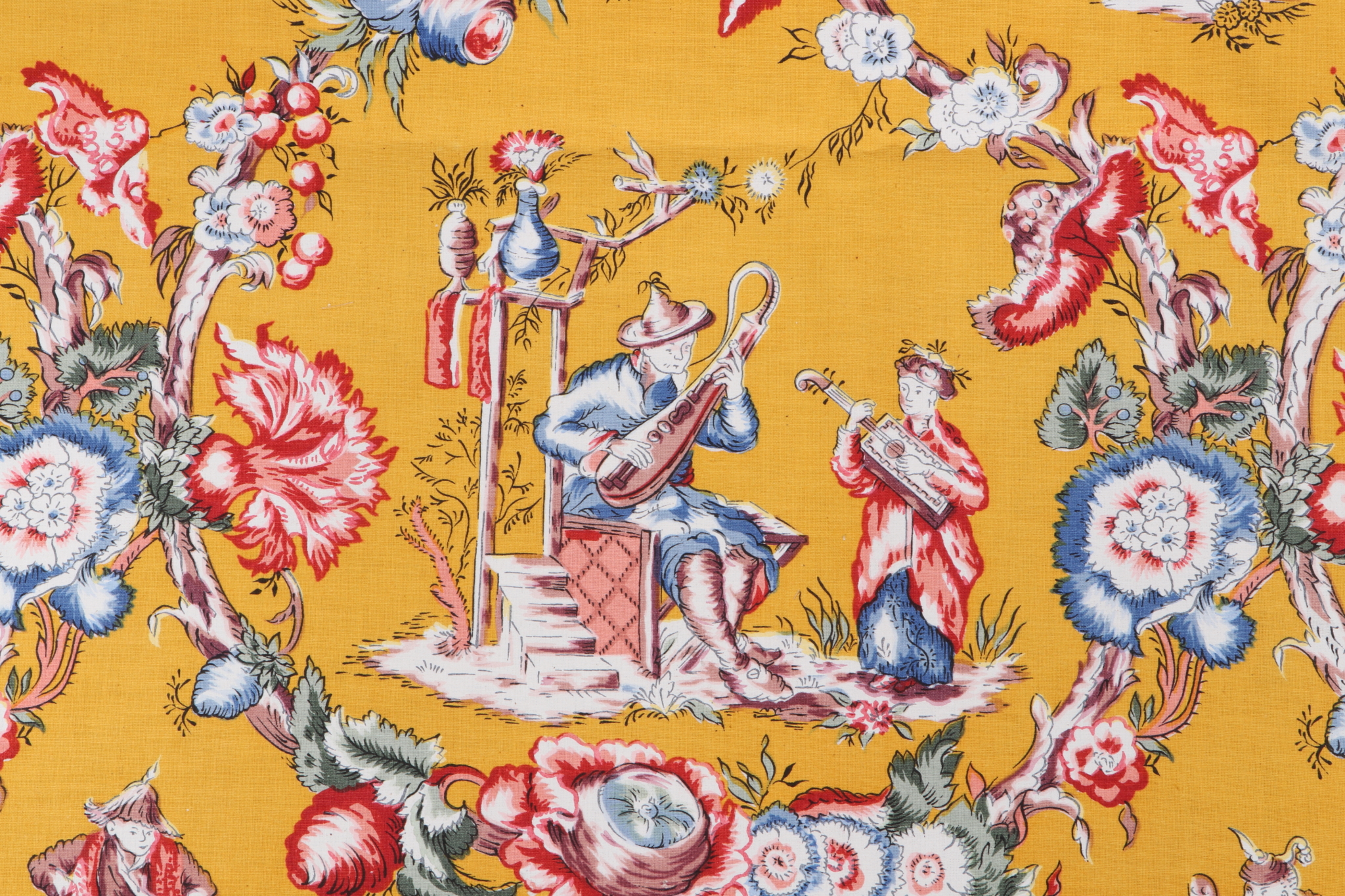 3.5 Yards Scalamandre Les Musiciens Printed Drapery Fabric in Red/Green ...