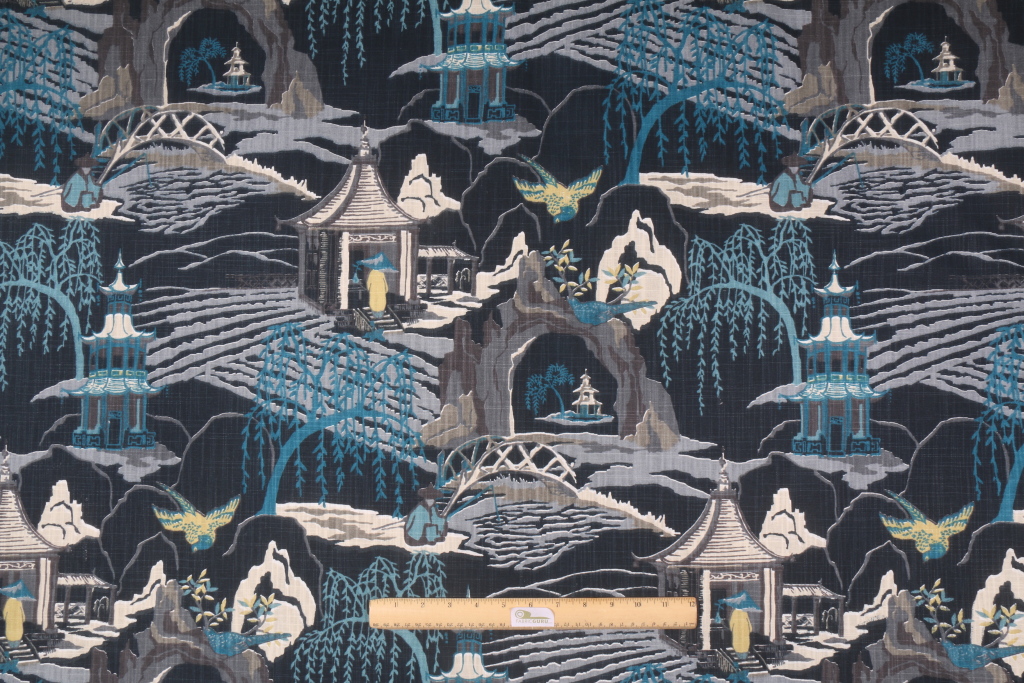 9 Yards Robert Allen Neo Toile Printed Cotton Drapery Fabric in Indigo