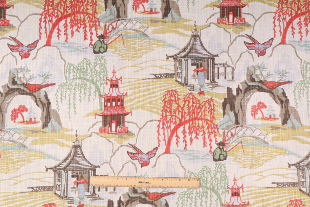 Robert Allen Neo Toile Printed Cotton Drapery Fabric in Coral