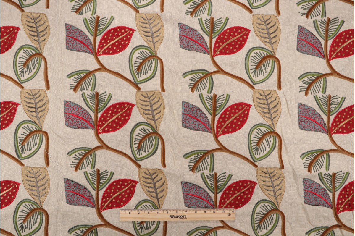 Thibaut Embroidered Drapery Fabric in Scarlet and Blue