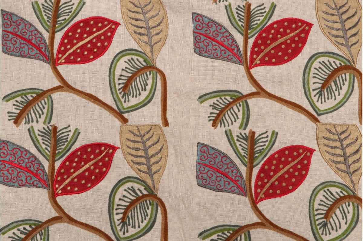 Thibaut Embroidered Drapery Fabric in Scarlet and Blue