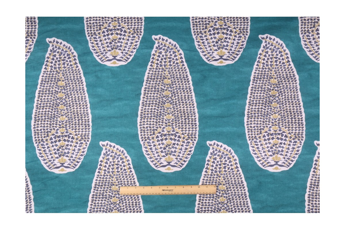 Robert Allen Paisley Stamp Printed Cotton Drapery Fabric in Peacock
