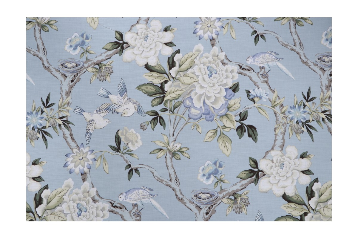 Waverly Mudan Printed Cotton Drapery Fabric in Chambray