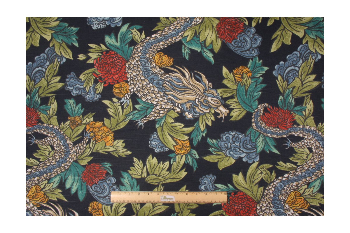 Robert Allen Ming Dragon Printed Crypton Cotton Decorator Fabric in Admiral