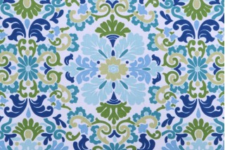 Genevieve Gorder Folk Damask Printed Cotton Drapery Fabric in Seaspray 