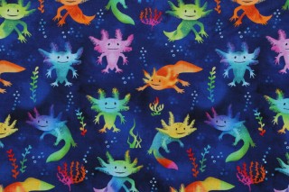 Timeless Treasures Cute Axolotl Salamanders Printed Cotton Craft Fabric in Royal 