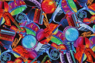 Chong-A Hwang Jazz Musical Instruments Printed Cotton Craft Fabric in Bright for Timeless Treasures 